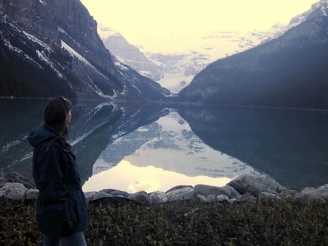A calm Lake Louise from in front of the Chateau
