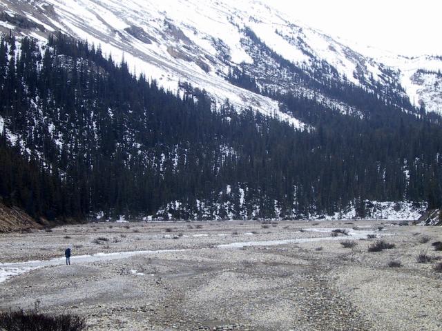 Vivian on the glacial moraine field, Bow Lake.