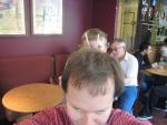 Randy and Emile clowing around.  A very hot day in a Parisian Starbucks.