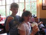 Emile clowning with Heather in the Starbucks.