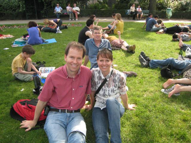 Relaxing Parisian-style, on a hot day at the city park on Ile de la Cite.