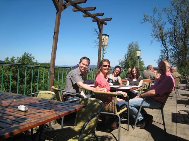 Randy, Vivian, Petra, Katharina, Bernd enjoying the sun at a restaurant high above Trier.  Bernd is hiding in the shadow.