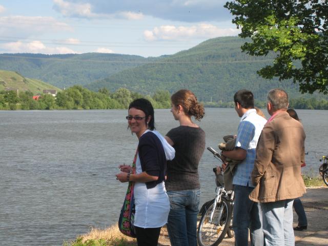 Petra, Katharina, Max and Bernd enjoy the view.  Across the river are the vineyards.