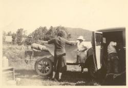 1932.  Camping at Fred's landing. Wanda, Joe, ?.