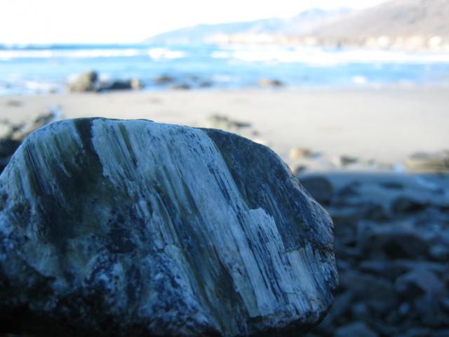 Highway 1, Big Sur Coast: Jade rock on Sand Dollar Beach. We were expecting to find sand dollars, but found jade-encrusted rocks